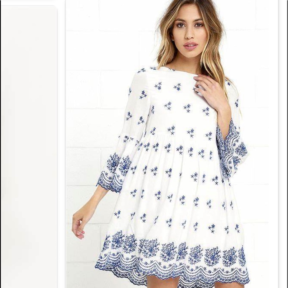 Lulus Blue and White embroidered babydoll eyelet dress